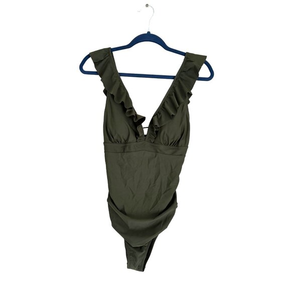 Cupshe Other - Cupshe Green One Piece Swimsuit Ruffle Vneck Ruched Back Cutout Cheeky NEW XL